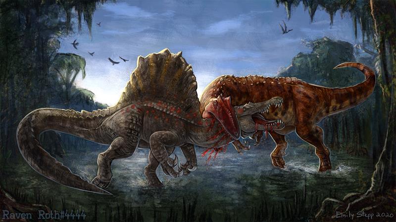 Giganotossauro vs Espinossauro, ilustração por Emily Stepp - Devianart reprodução.