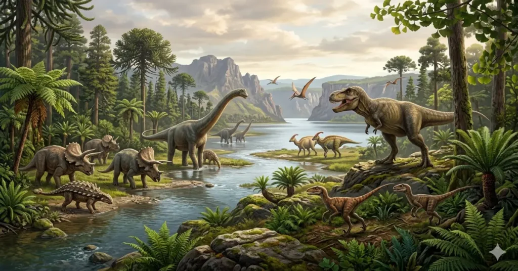 Capa do blog: história dos dinossauros - imagem de várias especies de dinossauros em meio a natureza