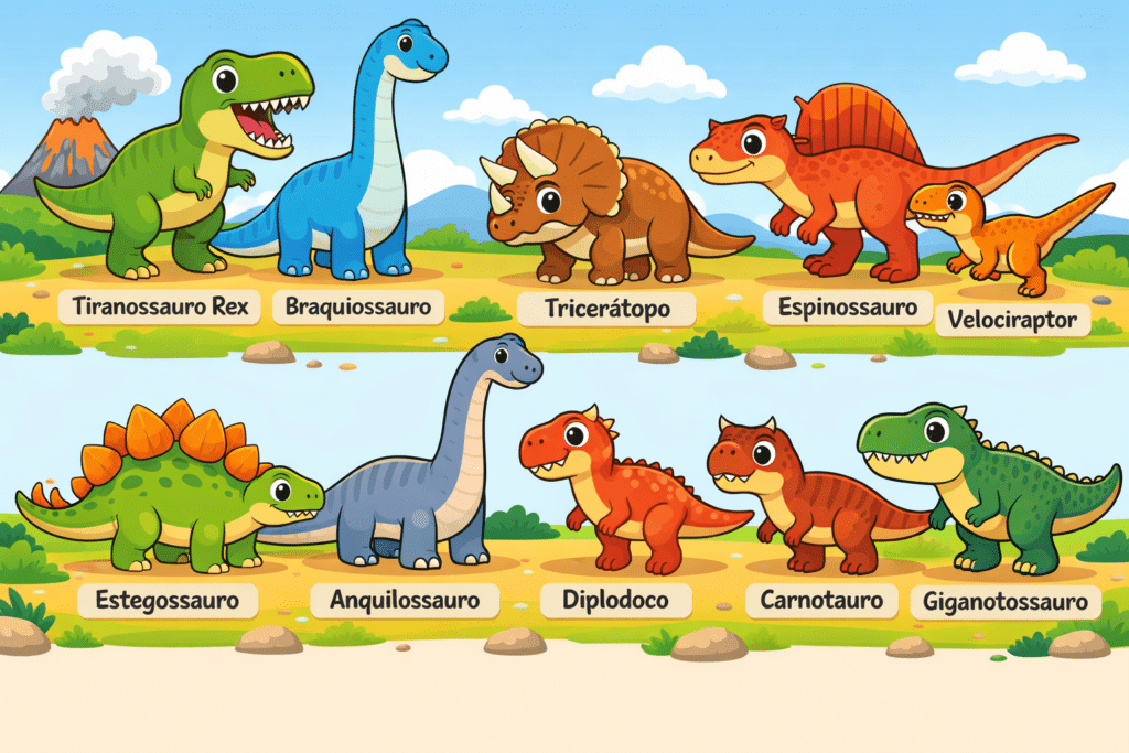 Imagem com lista de dinossauros e seus nomes
